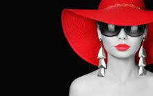 Woman In Red Hat And Sunglasses Over Black Background