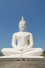 Big White Buddha Statue On The Mountain , Thailand.
