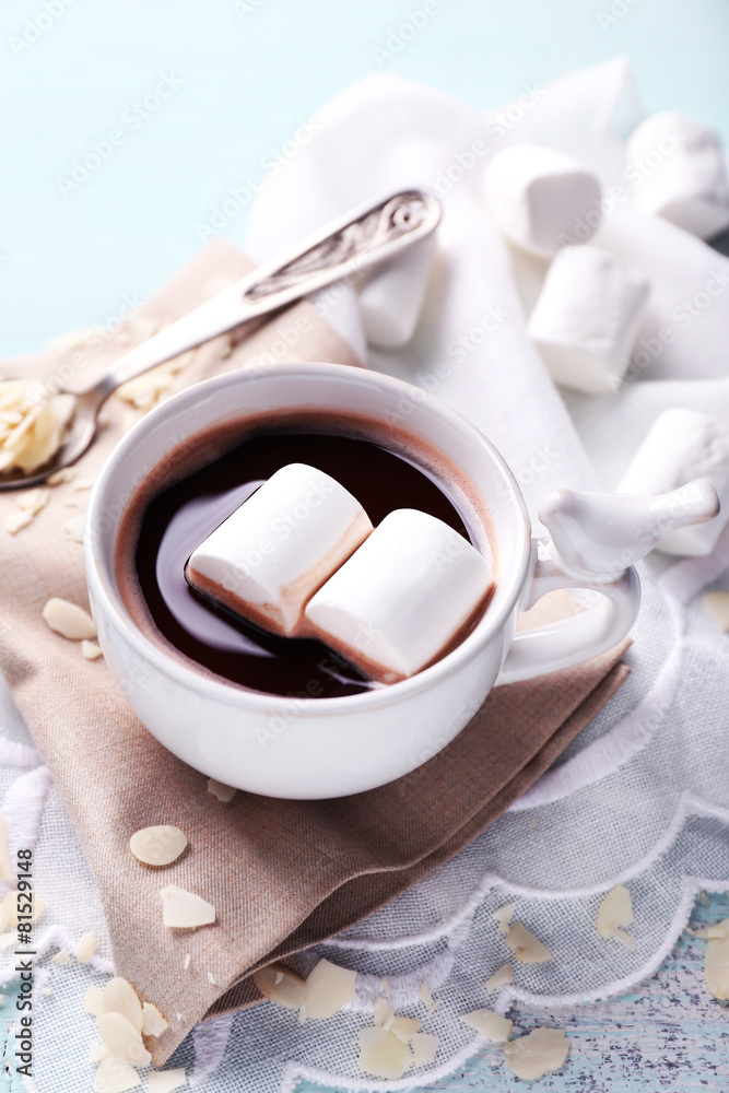 Hot chocolate with marshmallows in mug,