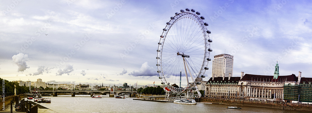 view of the London Eye and the City, River Thames, London, UK, E - obrazy, fototapety, plakaty 