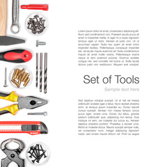 set of tools on white background top view