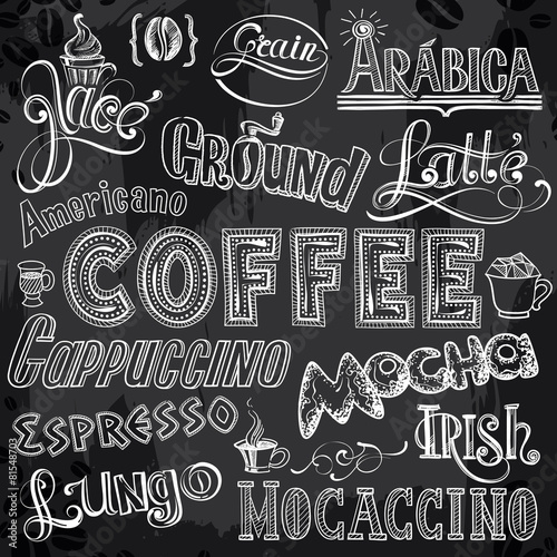 Naklejka dekoracyjna Sorts of Coffee Lettering on Chalkboard