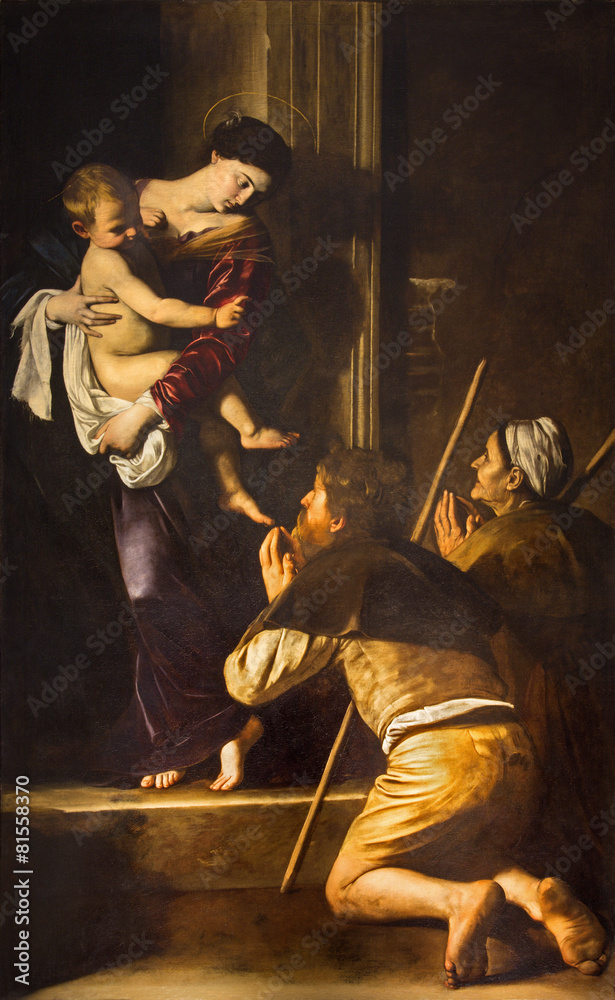Rome -  Madonna of Loreto and pilgrims paint by Caravaggio - obrazy, fototapety, plakaty 