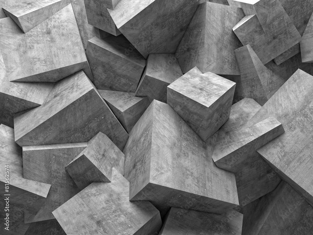 geometric abstract background with cubic polygonal shapes in concrete material and different sizes. nobody around. - obrazy, fototapety, plakaty 