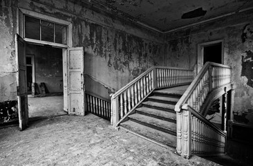 Wall Mural - Black and white staircase in the abandoned mansion