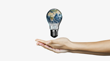 Aufkleber - Hands presenting light bulb with earth