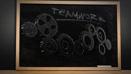 Poster - Cogs and wheels turning on blackboard