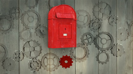 Poster - Cogs and wheels turning on wooden background
