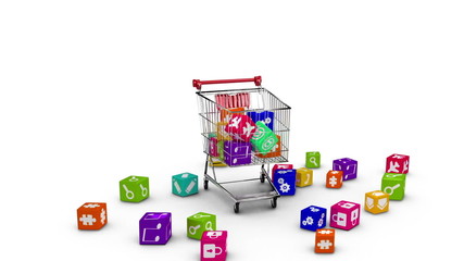 Poster - Icons dropping in the trolley on white background