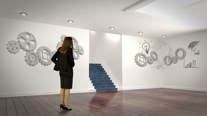 Poster - Businesswoman looking at cogs and wheels projection
