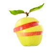 red and yellow apple slice with leaves in pure white background