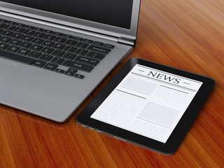 Poster - 3d digital tablet pc with news. Media concept