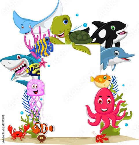 Obraz w ramie cartoon sea animals with blank sign for you design