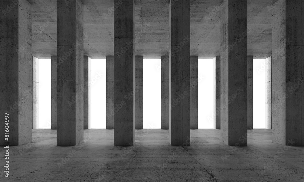 Interior with concrete columns and white windows, 3d - obrazy, fototapety, plakaty 