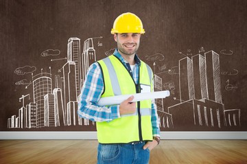 Poster - Portrait of smiling architect holding blueprint