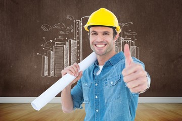 Poster - architect holding blueprint while gesturing thumbs up