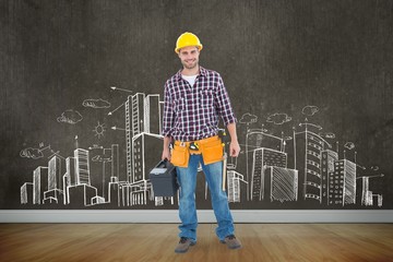 Poster - Composite image of happy male hanyman carrying toolbox