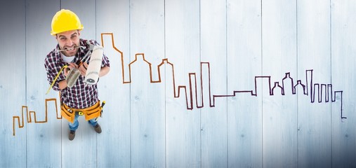 Poster - Composite image of frustrated handyman holding various tools