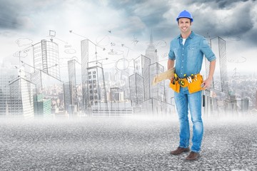 Poster - Composite image of happy carpenter with wooden planks