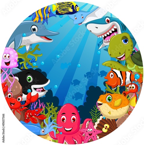 Obraz w ramie funny sea animals cartoon set