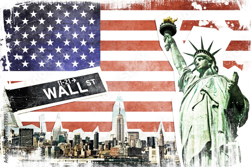 Fototapeta na wymiar New York City vintage collage, US flag background