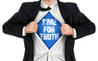 businessman showing Time for truth words underneath his shirt