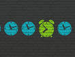 Timeline concept: green alarm clock icon on wall background