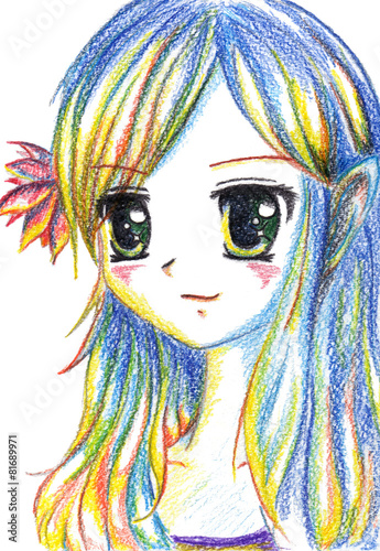  Fototapety Manga   kolorowa-anime-manga-kreskowki-dziewczyna-z-kwiatem-w-wlosy