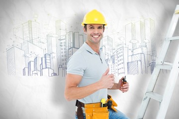 Poster - technician with tools showing thumbs up by step ladder