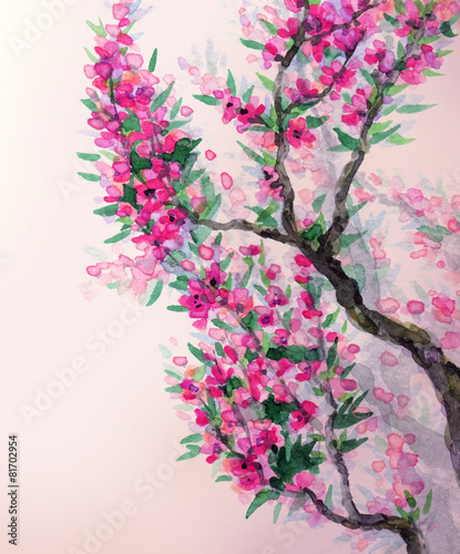 Obraz w ramie Watercolor spring background. Magenta flowers on tree branches