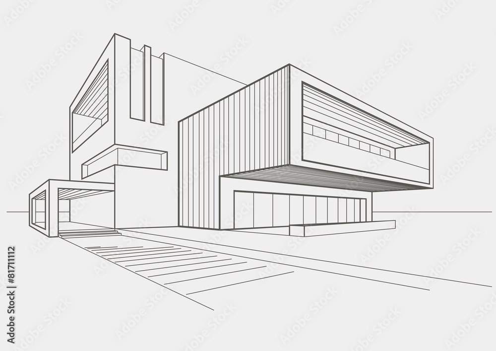 linear sketch modern building on light gray background - obrazy, fototapety, plakaty 