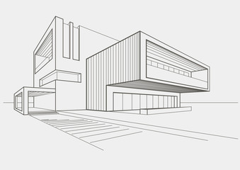 linear sketch modern building on light gray background