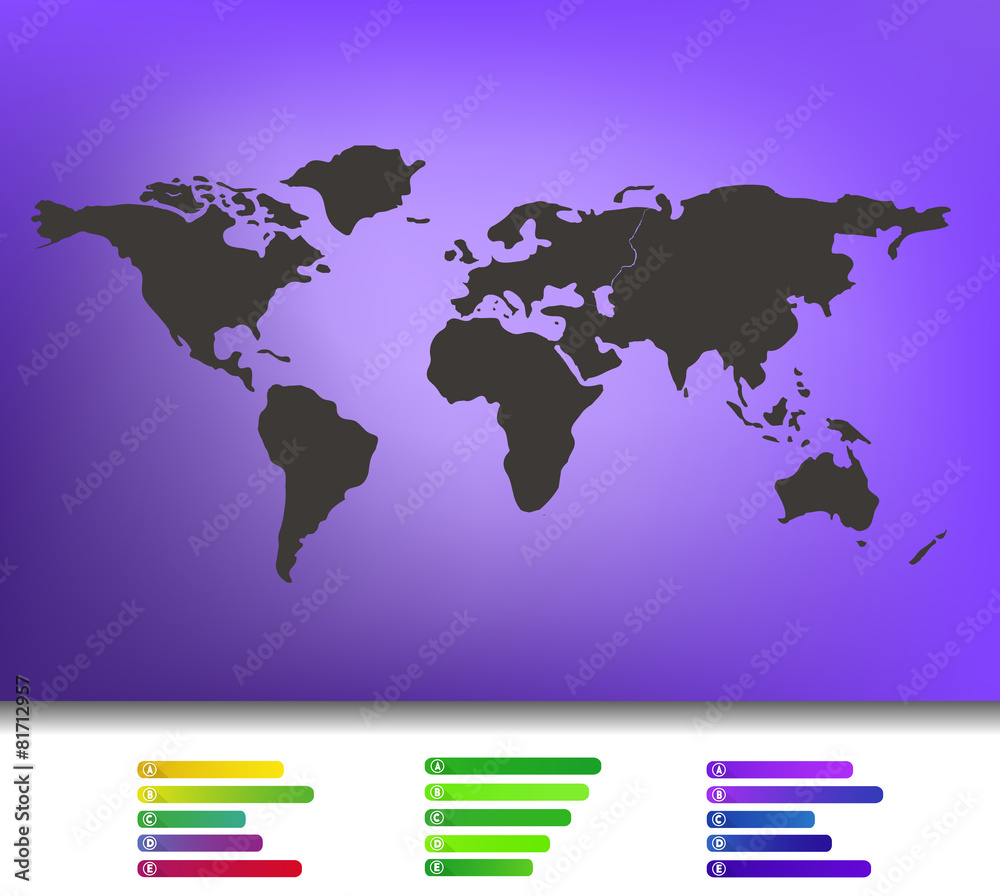 World map on purple blurred background with infographic labels Stock ...