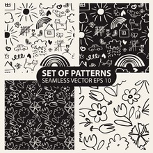 Set Of Seamless Hand Drawn Patterns In The Style Of Children