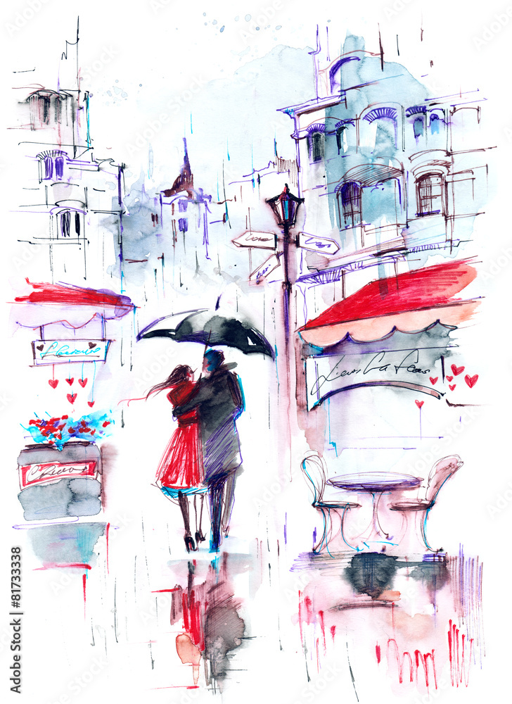 Zakochana para pod parasolem - romantyczna akwarela - obrazy, fototapety, plakaty 