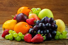 Fruits. Mango, Lemon, Plum, Grape, Pear, Orange, Apple, Banana,