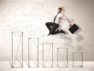 Wall Mural - Fast business man jumping up on hand drawn charts