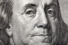 Portrait Of Ben Franklin On The US $100 Dollar Bill In Macro.