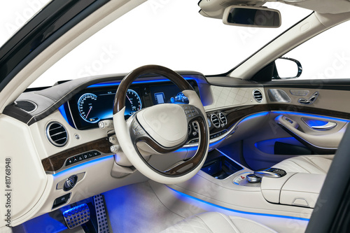 Car Interior Wood And Leather Decoration And Blue Ambient