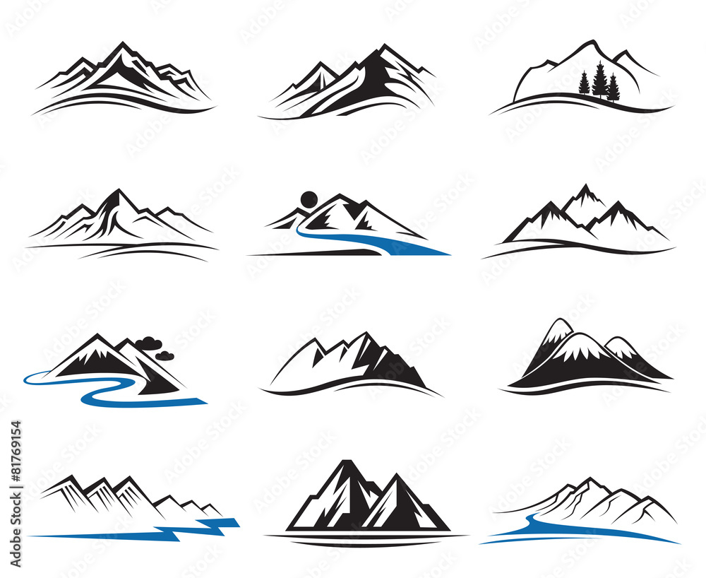 set of twelve mountain icons - obrazy, fototapety, plakaty 