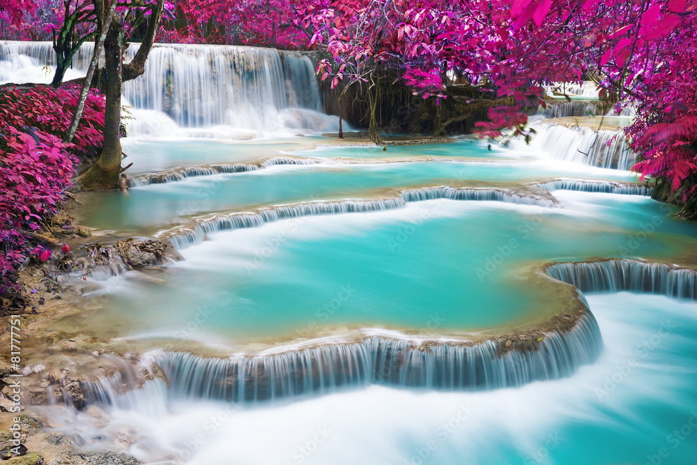 Turquoise water of Kuang Si waterfall - obrazy, fototapety, plakaty 