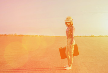 Sticker - Traveler girl standing on road in summer