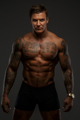 Wall Mural - Tattooed muscular guy posing on gray background