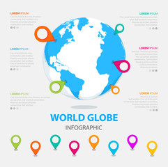 Globe earth with color pointer marks. Vector illustration