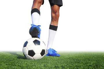 soccer ball with feet player on the football field