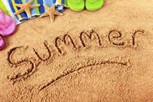 Summer Beach Writing In Sand Word Written For Vacation Holiday Photo