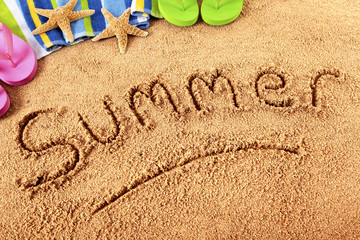 summer beach writing in sand word written for vacation holiday photo