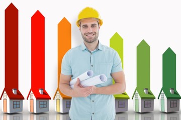 Poster - Composite image of happy male architect holding blueprints