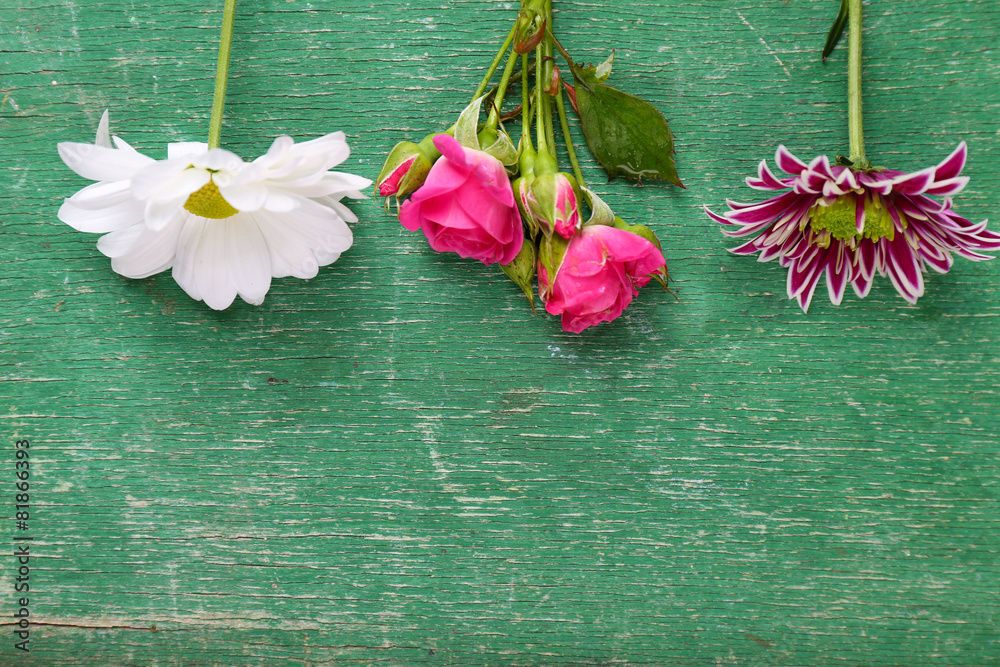 Different flowers on wooden background