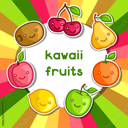 Fototapeta na wymiar Background with cute kawaii smiling fruits stickers